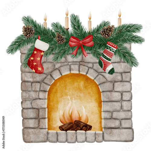 Watercolor Christmas fireplace decorated with stockings, candles, and pine branches in a cozy festive style. Perfect for holiday cards, posters, winter prints, and home decor.