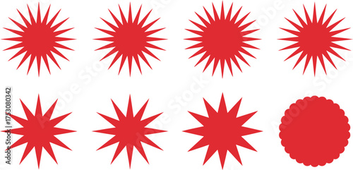 Collection of red starburst shapes isolated on white background for graphic design use