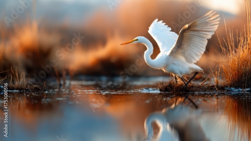 A majestic great egret stands gracefully near calm waters, its wings spread wide as it prepares to take flight against a serene, blurred backdrop of autumn foliage.