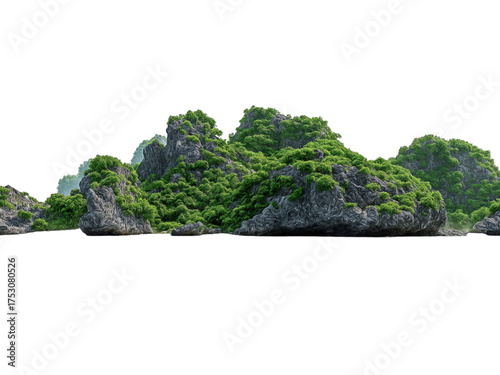 Lush green rocky islands isolated on a transparent background