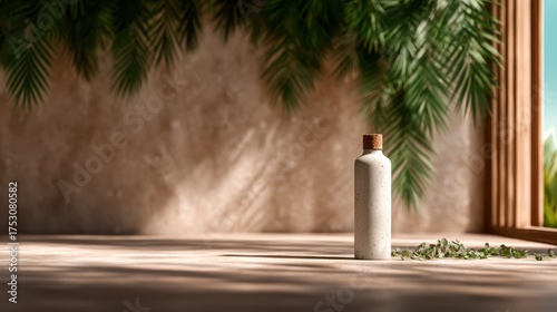 A minimalist bottle placed elegantly in a sunlit room, surrounded by lush greenery, creating a peaceful atmosphere that emphasizes nature's beauty and the concept of sustainability.