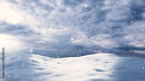 Winter snowfall over snowy landscape covered in snow. Snowflakes falling in endless seamless loop.
