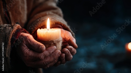 A pair of aged hands tenderly hold a lit candle, radiating warmth and light in a darkened environment, symbolizing hope, faith, and the enduring spirit of humanity.