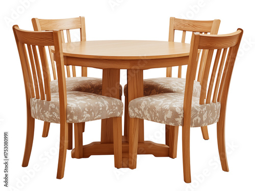 Wooden round dining table with four chairs isolated on a transparent background