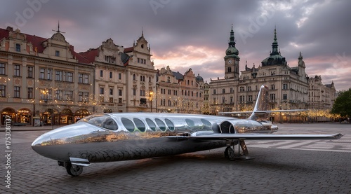 Silver airplane is parked on a runway in front of a large building. The sky is cloudy and the sun is setting, creating a moody atmosphere