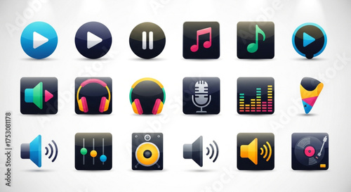 Set of glossy music and audio icons on a, featuring play, pause, volume, headphones, microphone, equalizer, and turntable icons