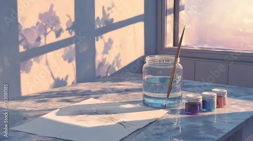 Painting is on a table with a jar of water and a brush. The painting is of a tree with a shadow on the table. The mood of the painting is serene and peaceful