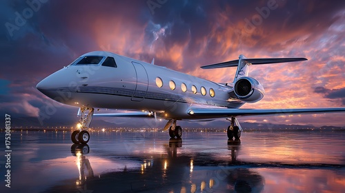 Large jet plane is parked on the tarmac at an airport. The plane is white and blue with a blue stripe. The sky is cloudy and the sun is setting, creating a beautiful and serene atmosphere