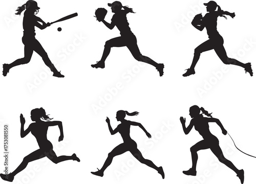 Female Athletes Running And Playing Baseball Silhouettes