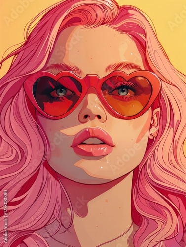 Stylized illustration of a woman with light hair, wearing red sunglasses.