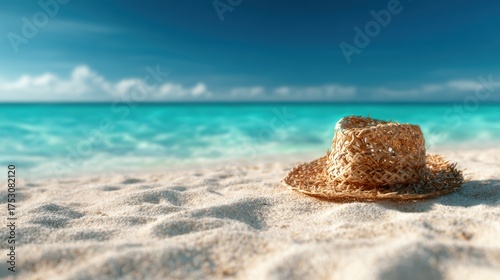 This image showcases a beautiful straw hat left on the warm sandy beach, with the crystal-clear turquoise ocean gently lapping at the shore under a clear blue sky.