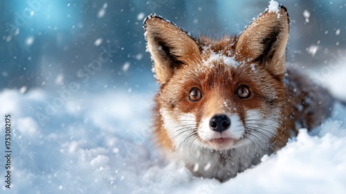 A close-up of a red fox amidst falling snow in a serene winter landscape, showcasing the beauty and resilience of wildlife in its natural habitat during a snowy day.