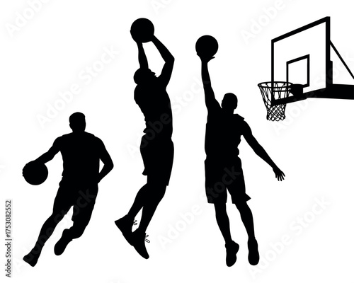 Dynamic silhouettes of basketball players in action, showing dribbling, jumping for a slam dunk, and defending near the basketball hoop concept