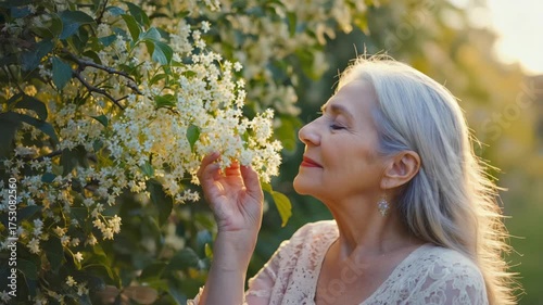 Elderly woman enjoying the fragrance of flowers during springtime. She is standing in a garden, appreciating the beauty and scents of nature.