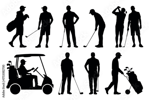 Set of black vector silhouettes of male golfers in different poses, including swinging a club, putting, driving a cart, and carrying a bag