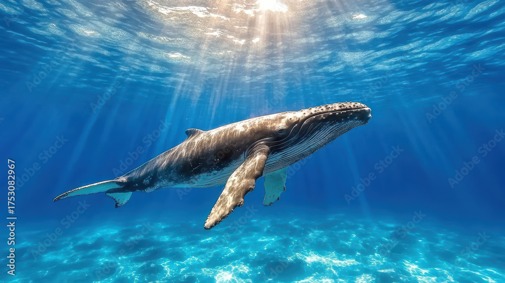 Fototapeta premium Majestic whale swimming gracefully in clear blue ocean waters, illuminated by sunlight