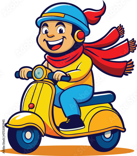 Cheerful cartoon boy riding yellow scooter with red scarf