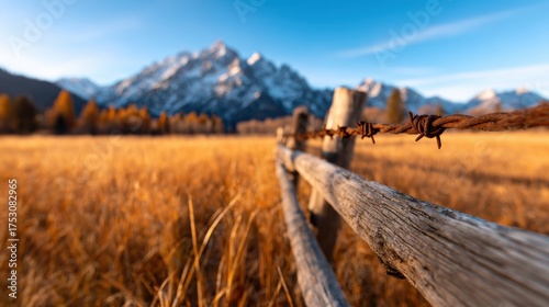 A rustic wooden fence framing a picturesque view of snow-capped mountains, showcasing the natural beauty of the landscape in golden autumn light.