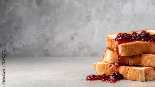 A visually appealing stack of toasted bread topped with a rich layer of vibrant berry jam, creating a mouthwatering and inviting breakfast scene perfect for food lovers.