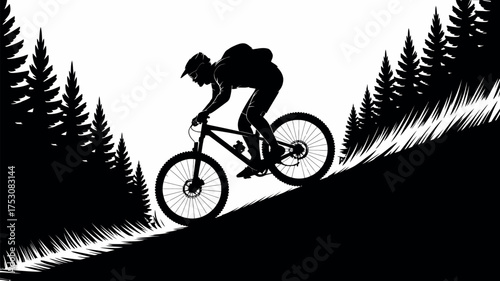 Graphic illustration of a mountain biker tackling a steep forest trail, capturing the thrill of extreme outdoor sports and the rugged beauty of challenging natural landscapes