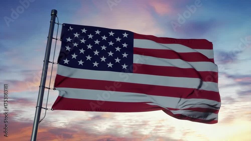 Flag waving at dusk, symbolizing patriotism and freedom.