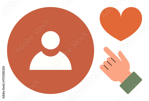 Profile icon inside a circle, heart icon, and a hand pointing create engagement and connection themes. Ideal for social media, interaction, community, care, support, preferences simple flat metaphor