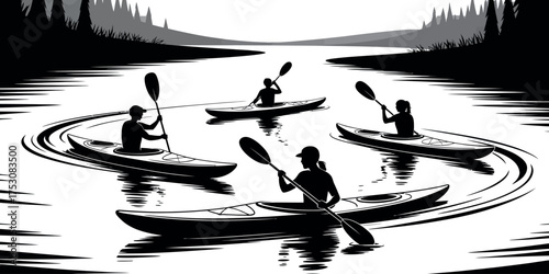 Kayakers Circling on the Water A Group Paddling Adventure