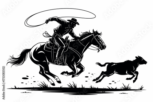 Intense black and white illustration of a cowboy on a swift horse, expertly lassoing a running calf, capturing the thrilling action of Western ranching and rodeo