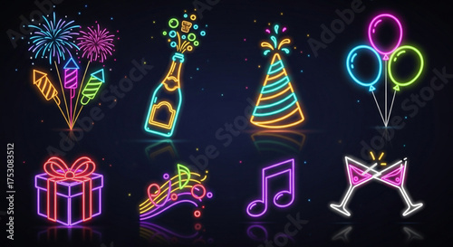 Vibrant neon party icons featuring fireworks, champagne, party hat, balloons, gift, music notes, and cocktail glasses against a dark background for events