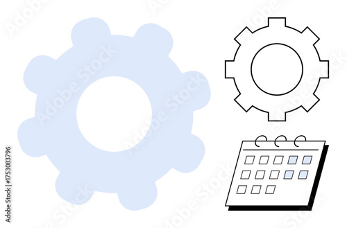 Large blue gear, black outlined gear, and calendar combine to convey planning, process, and task management. Ideal for project planning, teamwork, scheduling, workflow systems time management