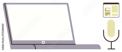 Open laptop, microphone, and document window on screen represent digital productivity and communication. Ideal for remote work, podcasting, virtual meetings, content creation, webinars, or teaching