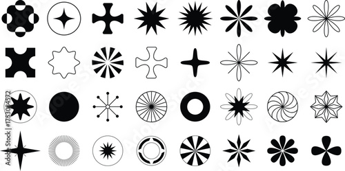 Geometric abstract shapes and starburst symbol set for modern logo design and pattern illustration