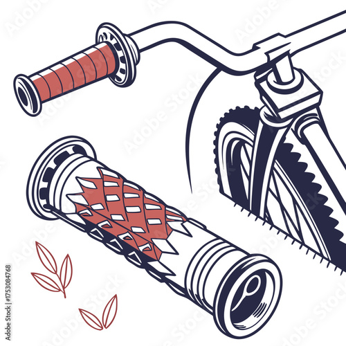 Close-up illustration of BMX bicycle handlebars and grips with decorative leaves Keywords: bmx, bicycle, bike, handlebars, grips, handlebar grips, close-up, detail, illustration, graphic, design