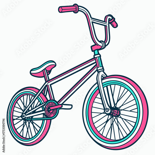 Colorful BMX bicycle with pink and turquoise accents on white background Keywords: BMX, bicycle, bike, cycle, transportation, sport, recreation, extreme sport, stunt, freestyle, handlebars