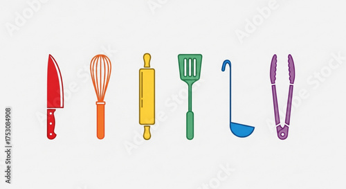 Colorful kitchen utensils knife, whisk, rolling pin, spatula, ladle, and tongs for cooking and baking needs