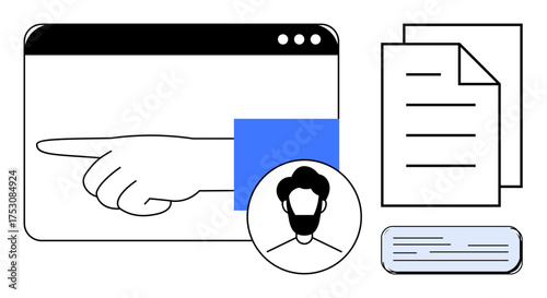 Hand pointing in a browser interface, user profile image, and documents signify navigation, guidance, user interaction, and data organization. Ideal for teamwork, task management, communication