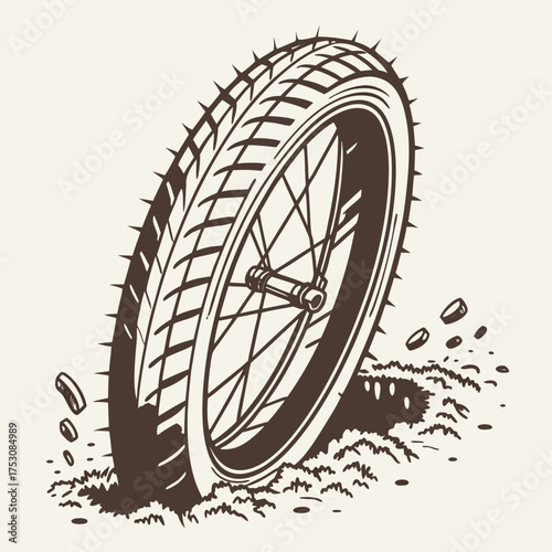 Sepia Toned Illustration of a Motorcycle Tire Digging into Dirt and Creating a Trench Keywords: tire, wheel, motorcycle, vehicle, transportation, automotive, rubber, tread, rim, spokes, dirt