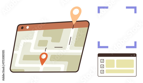 Digital map with two location markers showing planned navigation, paired with a task checklist interface. Ideal for navigation, planning, productivity, organization, task management, technology