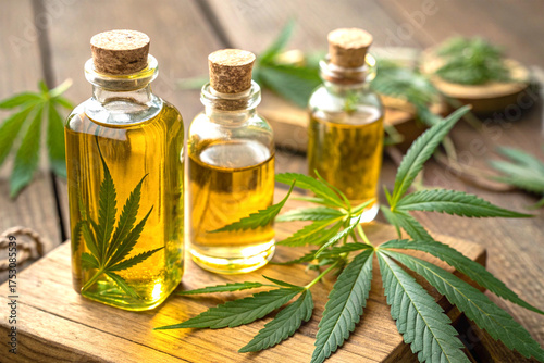 Glass bottles of golden oil with cannabis leaves on wooden surface close up