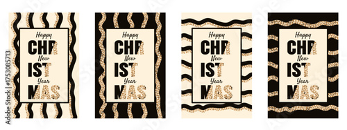 Luxury Stripe Christmas greeting card set. Vector illustration of trendy golden Stripe Merry Christmas and Happy New Year background poster brochure cover collection. Luxury XMAS art