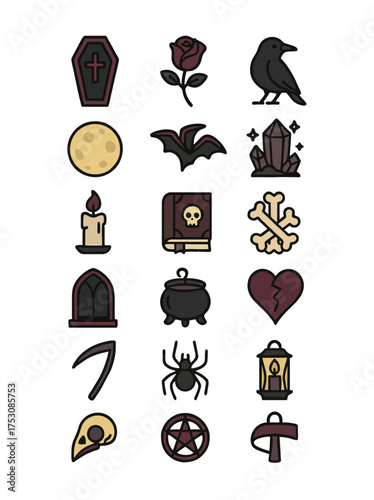 Vector gothic Halloween icon set: tombstone, crow, scythe, coffin, bat, lantern, gravestone, heart, spider, and haunted tree.
