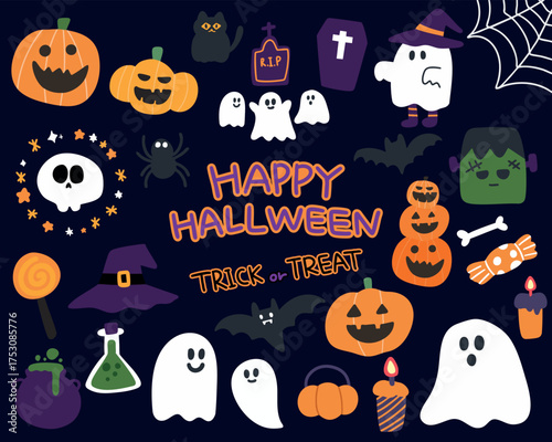 Cute Halloween Illustration with Pumpkins, Ghosts, Bats, and Candy – Trick or Treat Vector Design