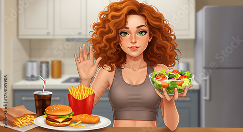 A smiling woman in a gray blouse refuses unhealthy food, waving a bowl of salad and fast food at the kitchen table.