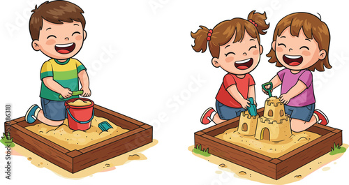 Happy children playing with sand in sandbox, smiling kids building sandcastle, fun outdoor activity, childhood playtime, creativity and joy