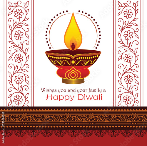Diwali Lamp Greeting Card with Floral Border and Festive Wishes