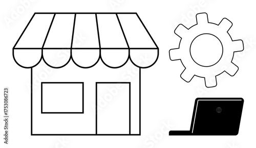 Shopfront with awning, laptop, and gear highlighting online business, e-commerce, digital tools, system optimization, entrepreneurship, online presence small business. Simple flat metaphor