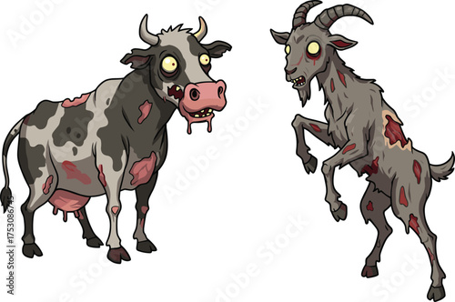 Scary zombie cow and goat illustration, creepy undead farm animals, Halloween horror concept, spooky livestock design, fantasy creature art, cartoon