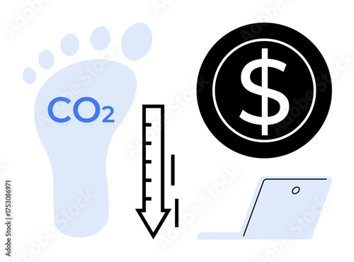 CO2 footprint with downward arrow, dollar symbol, laptop. Ideal for sustainability, eco-awareness, cost-efficiency, technology, environmental impact, energy savings simple flat metaphor