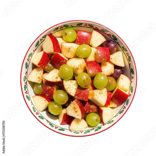 Festive fruit salad with apples and green grapes on transparent background