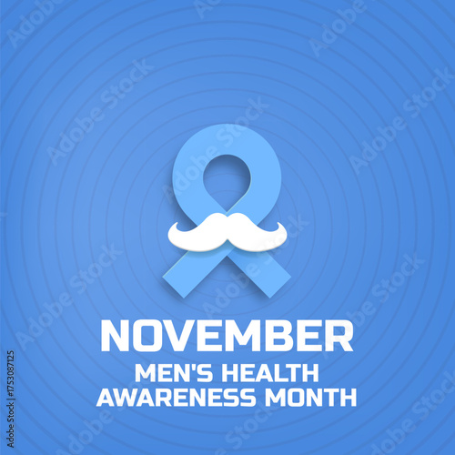 November Mens Health awareness month square banner with blue ribbon and moustache icon. Blue November is prostate cancer awareness month with moustache and ribbon. Movember mens health month poster
